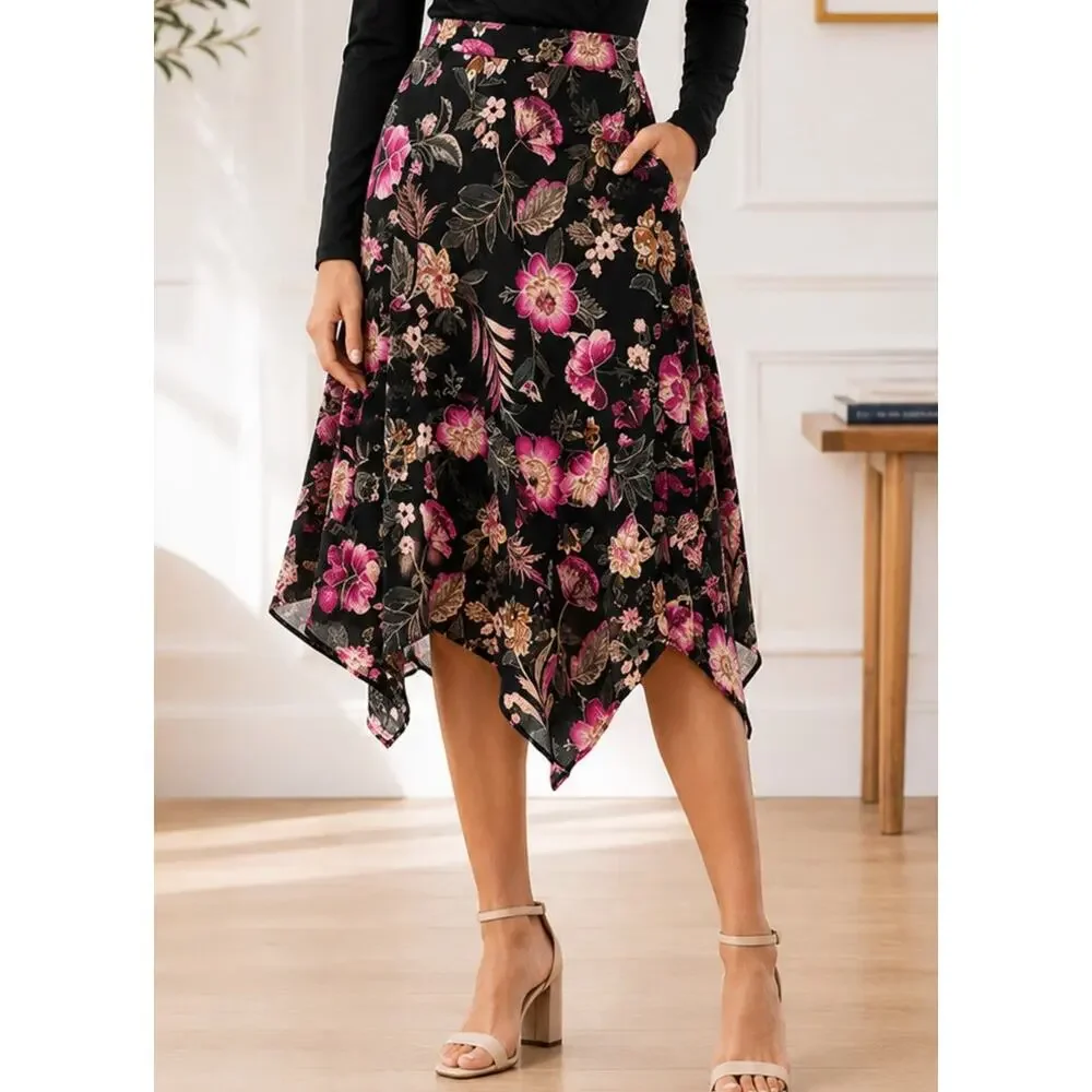 Jessica Simpson Floral Asymmetrical Midi Skirt Black Pink NWT Large - Picture 2 of 6